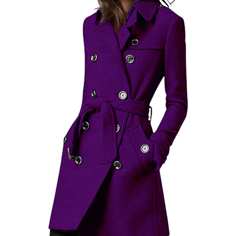 Women's Hooded Coat with Belt and Double-Breasted Button Placket