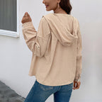 Women's Corduroy Jacket with Hood and Button Closure