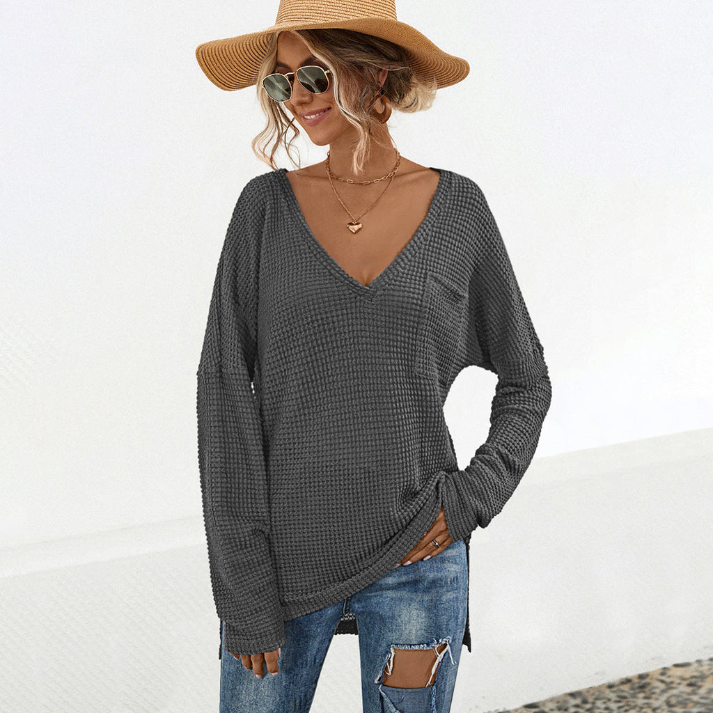 Casual Women's Long-Sleeve V-Neck Shirt with Chest Pocket