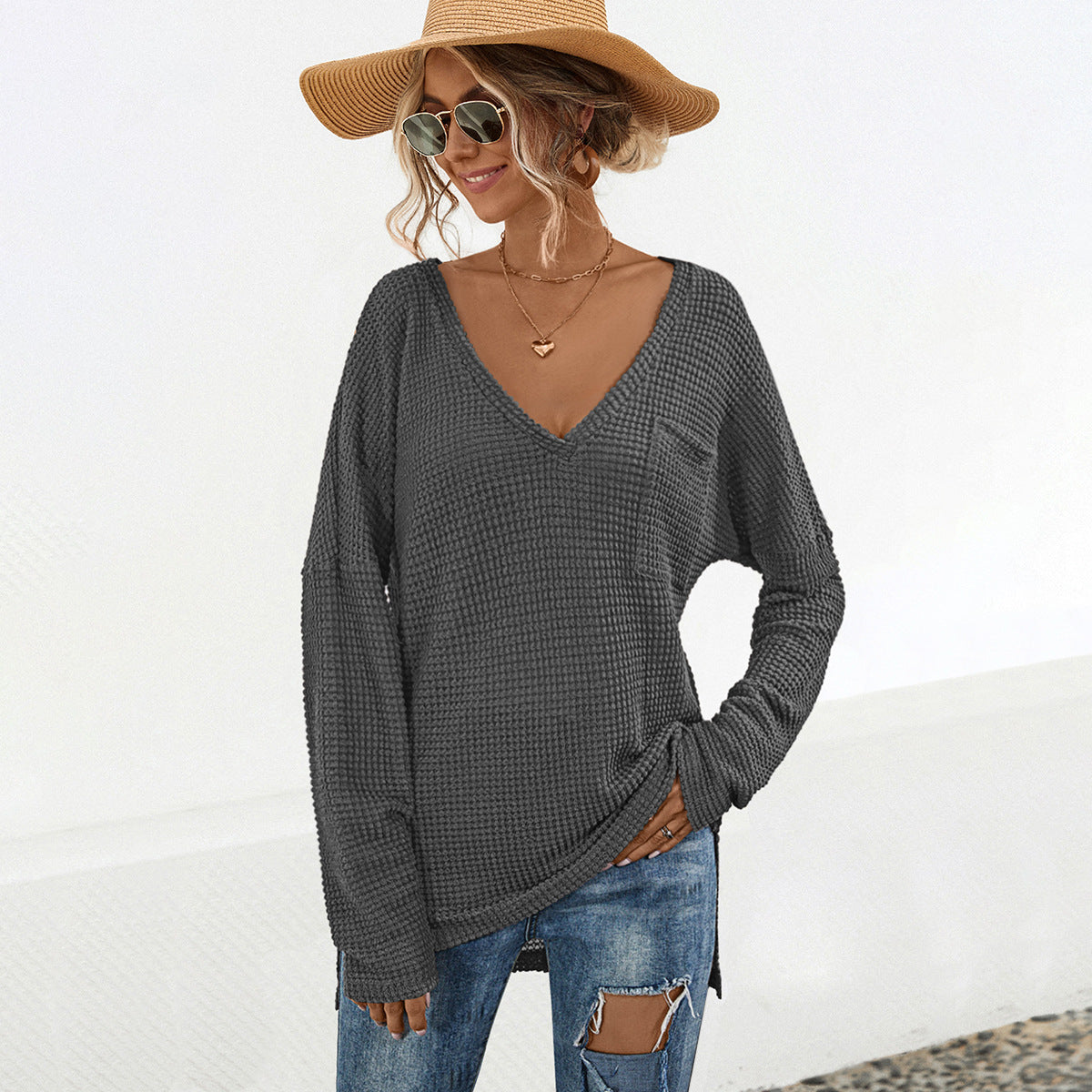 Casual Women's Long-Sleeve V-Neck Shirt with Chest Pocket