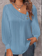 Women's Casual Blouse with Asymmetric Collar and Decorative Buttons