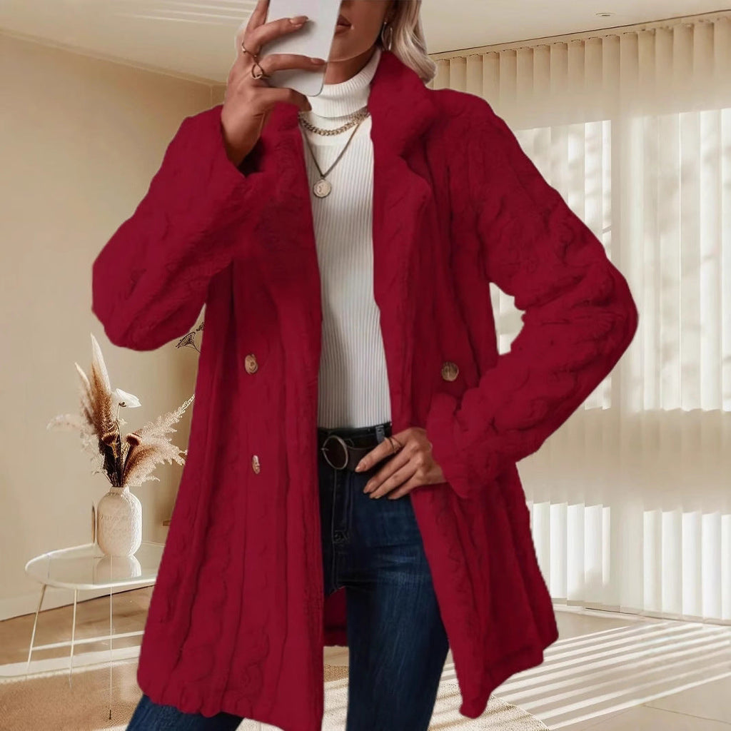 Women's Fashionable Chunky Knit Coat with Double-Button Details