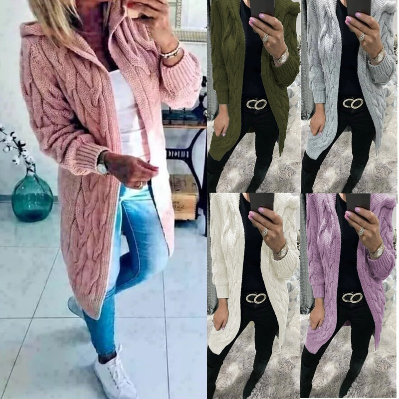 Women's Chunky Knit Cardigan with Hood and Cable Knit Pattern