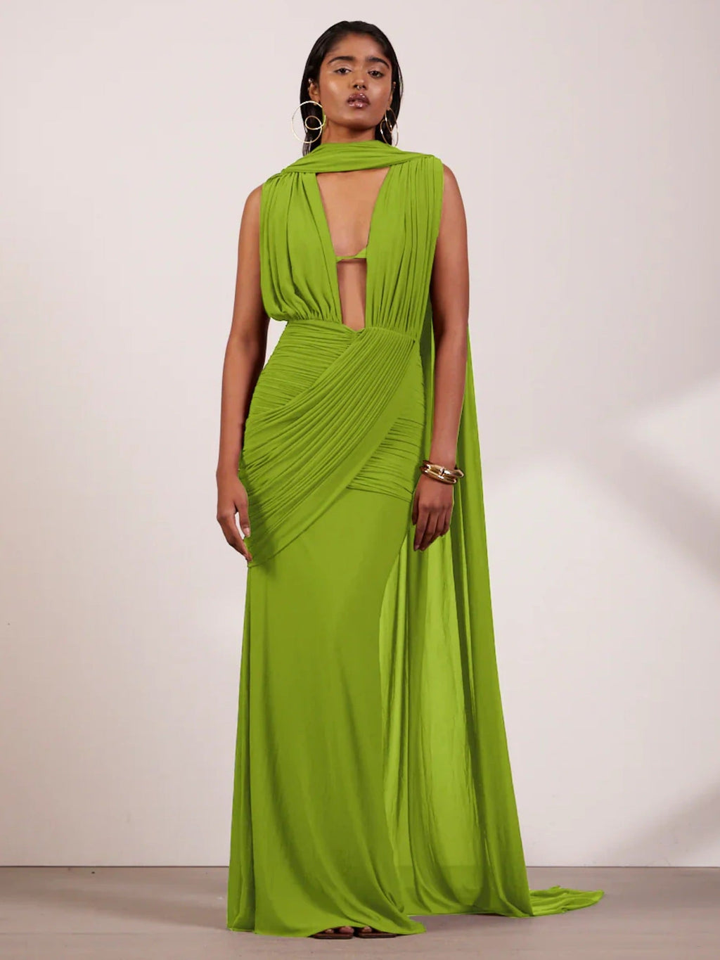 Floor-Length Wrap Dress with Draping