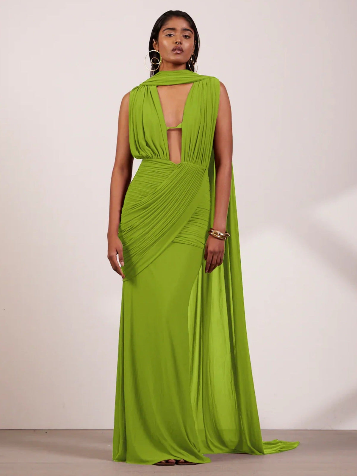 Floor-Length Wrap Dress with Draping
