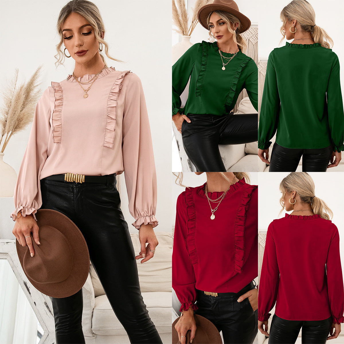 Elegant Women's Blouse with Ruffle Details and Loose Sleeves