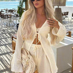 Women's Casual Long-Sleeve Blouse and Shorts Set