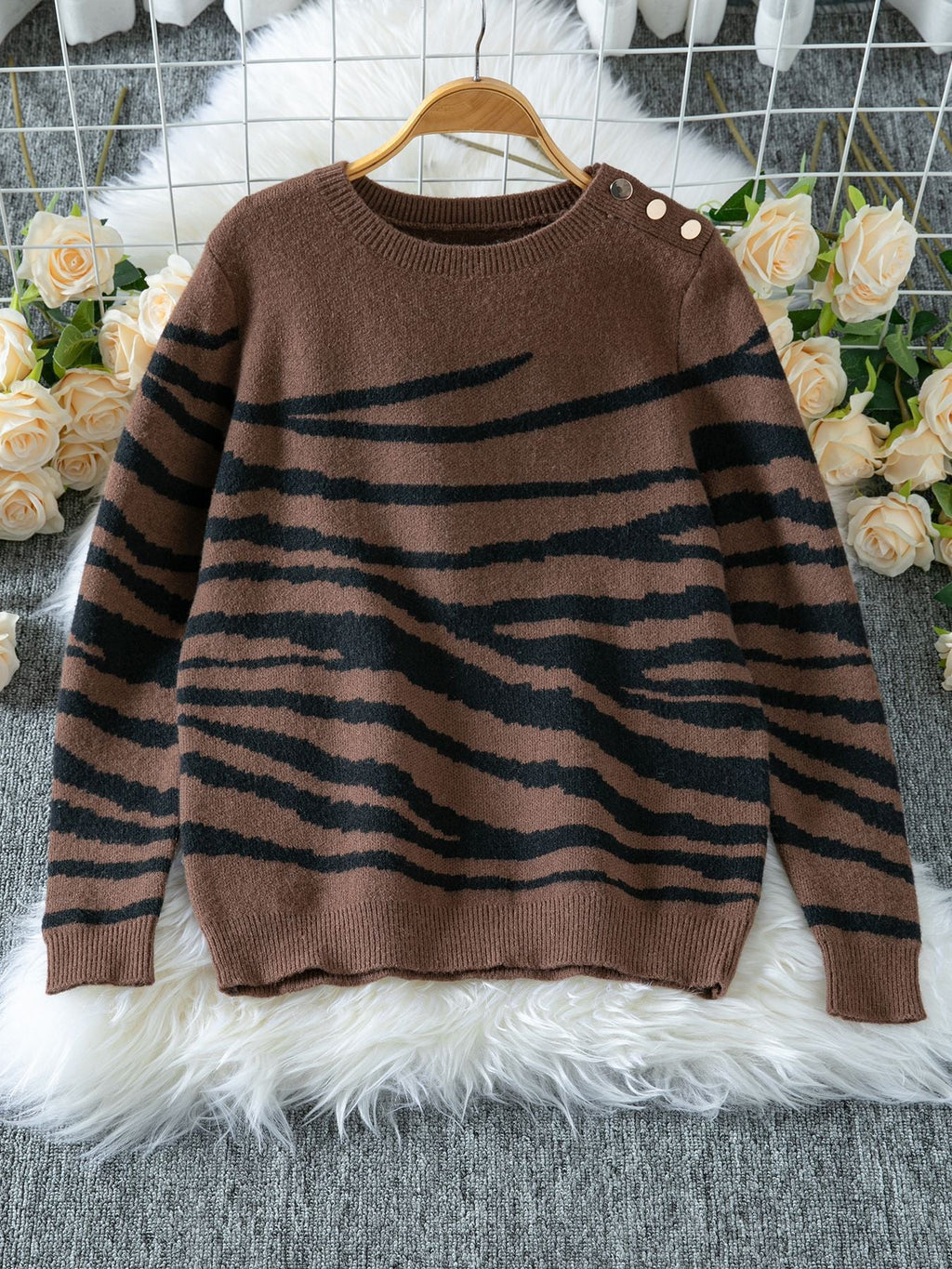 Women's Cozy Knit Sweater with Modern Zebra Stripe Pattern and Comfortable Fit