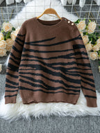 Women's Cozy Knit Sweater with Modern Zebra Stripe Pattern and Comfortable Fit