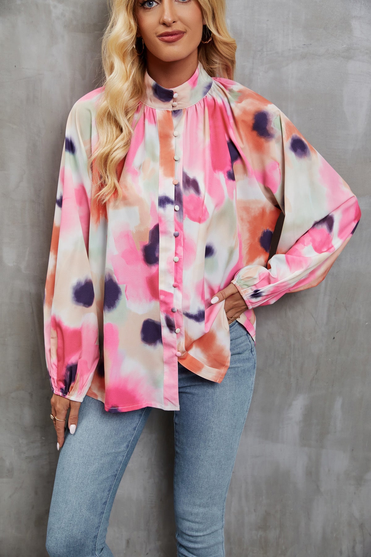 Women's Blouse with Colorful Floral Print and Pussy Bow Collar