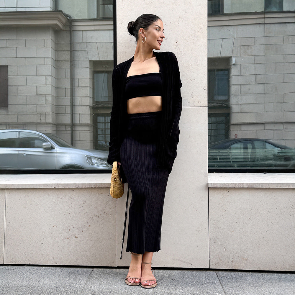 Women's Elegant Knit Ensemble with Crop Top and Maxi Skirt