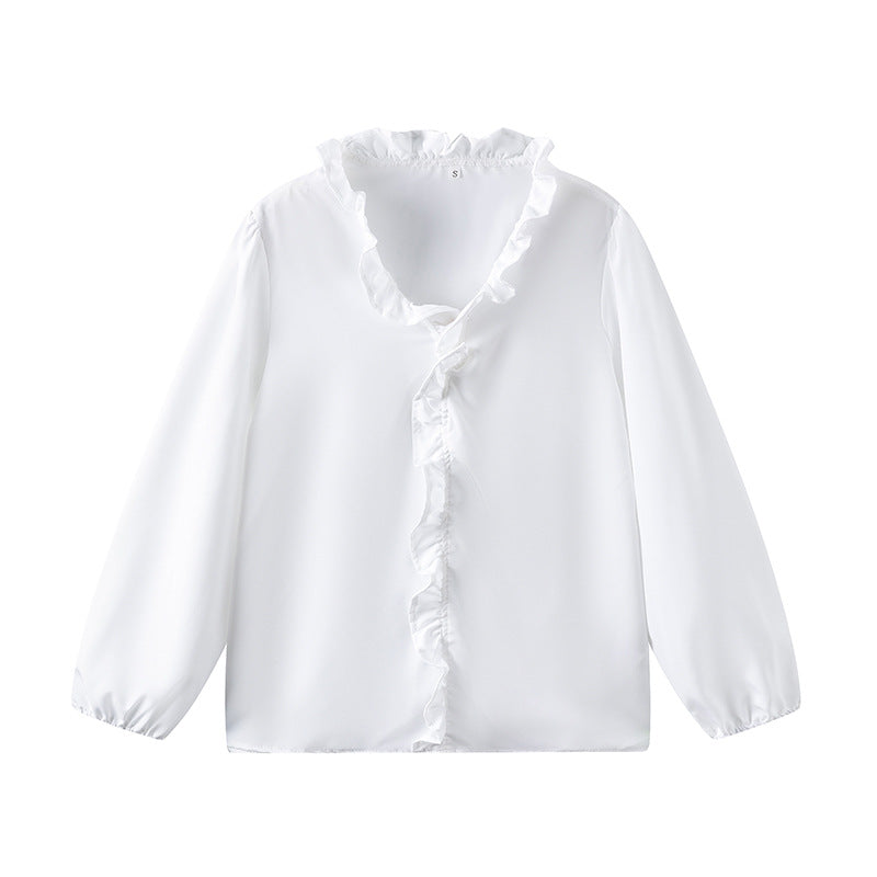 Women's Blouse with Ruffle Details and Stand-up Collar