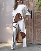 Women's Fashionable Ensemble with Floral Design and Wide Cut
