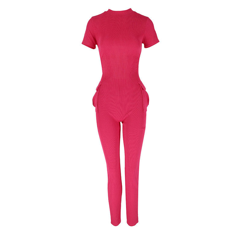 Women's Form-Fitting Jumpsuit with High Collar and Side Pockets