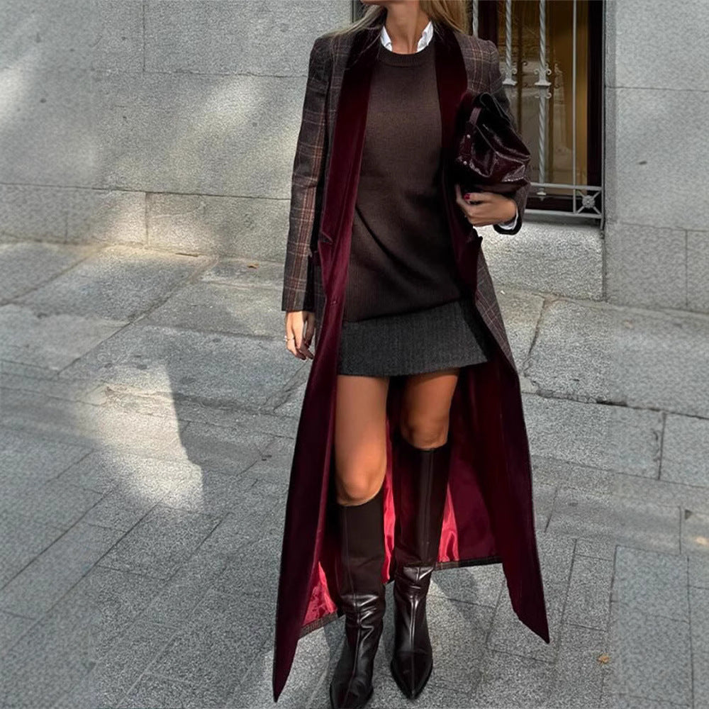 Women's Plaid Coat with Fashionable Lapel and Detachable Collar