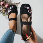 Women's Ballet Flats with Floral Embroidery and Elastic Strap