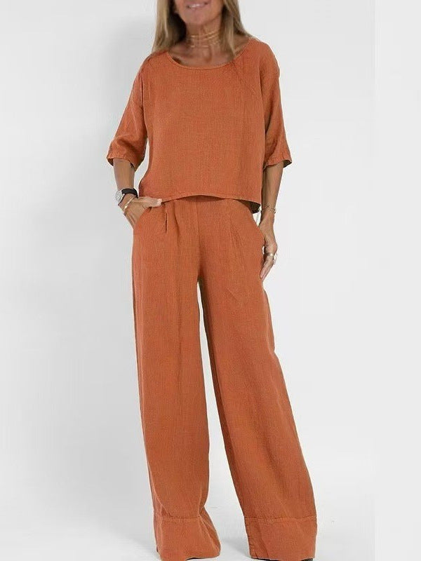 Women's Casual Linen Suit Set with Wide-Leg Pants and Cropped Top