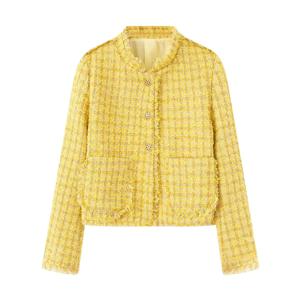 Women's Elegant Textured Short Jacket with Gold Buttons