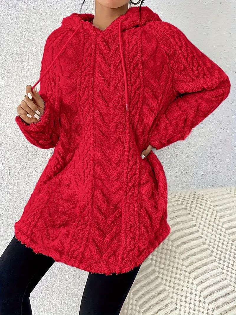 Women's Fluffy Hooded Sweater with Cable Knit Design