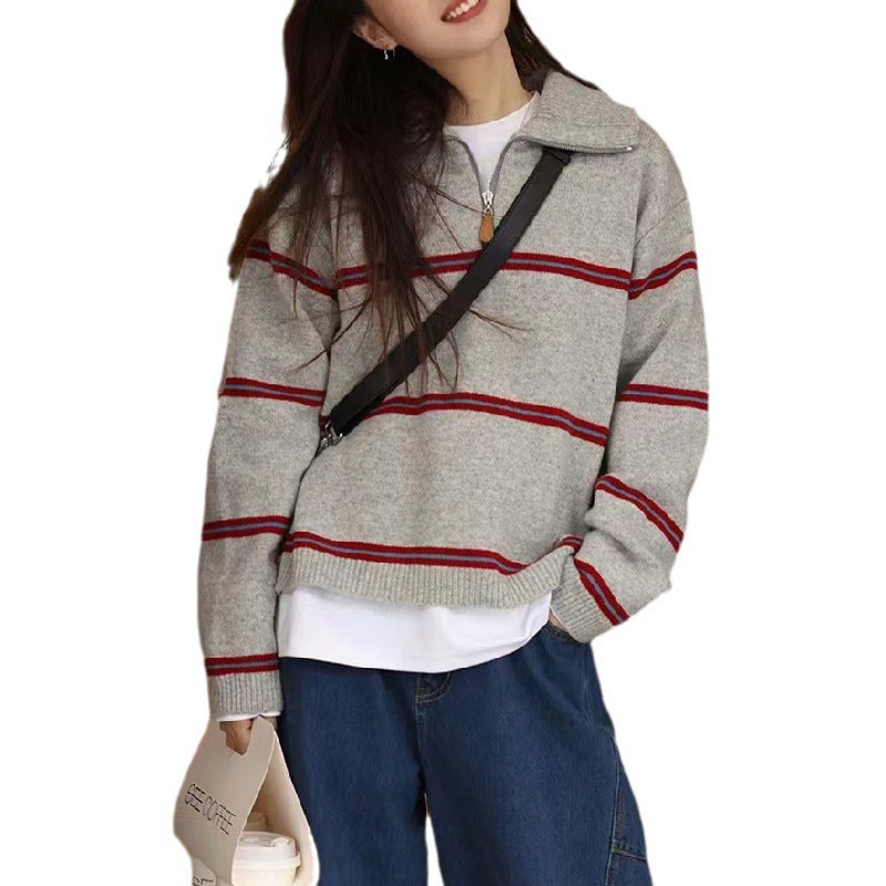Women's Striped High-Neck Zipper Pullover
