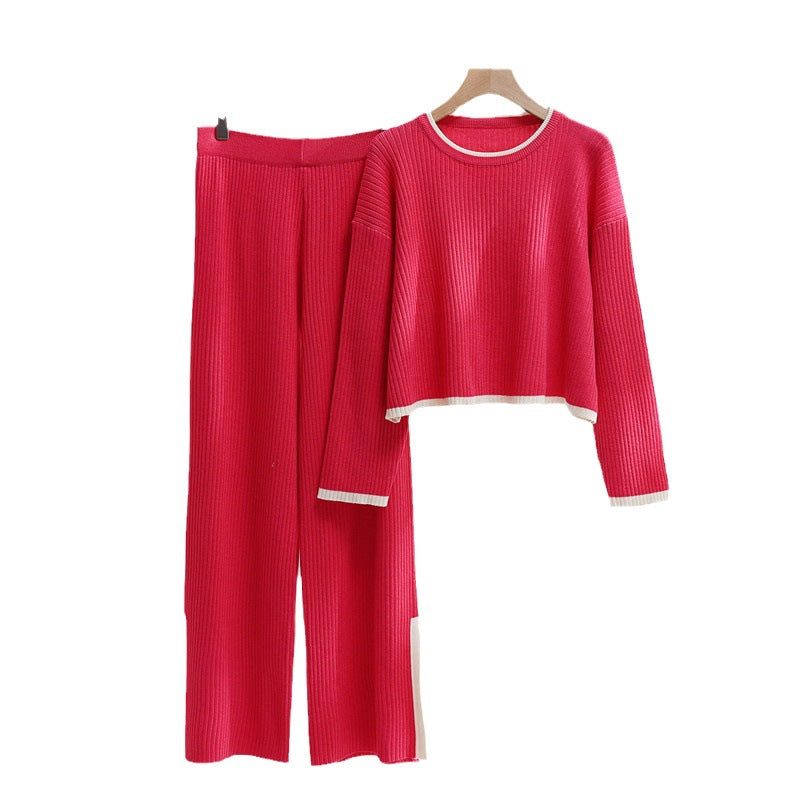 Women's Casual Knit Ensemble with High Waist and Contrast Cuffs