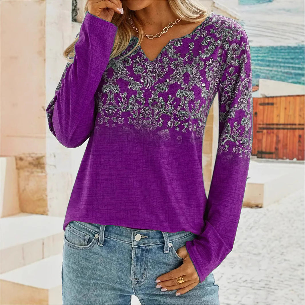 Women's Long Sleeve Blouse with Floral Design and Embroidery
