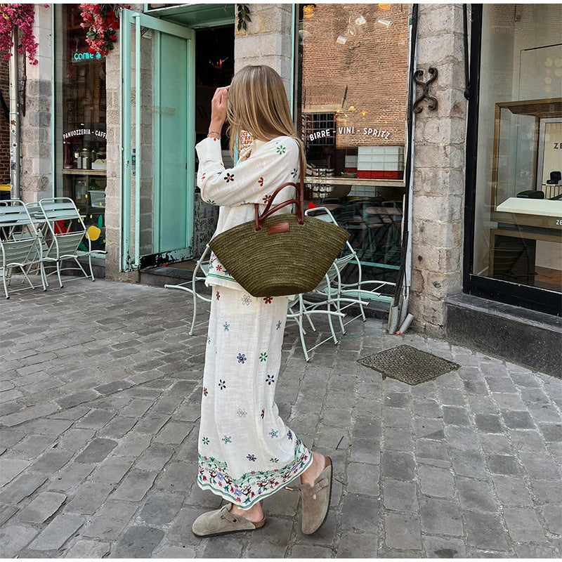 Women's Elegant Casual Wide-Leg Trousers with Floral Embroidery