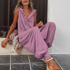 Women's Casual Jumpsuit with Hood and Button Details