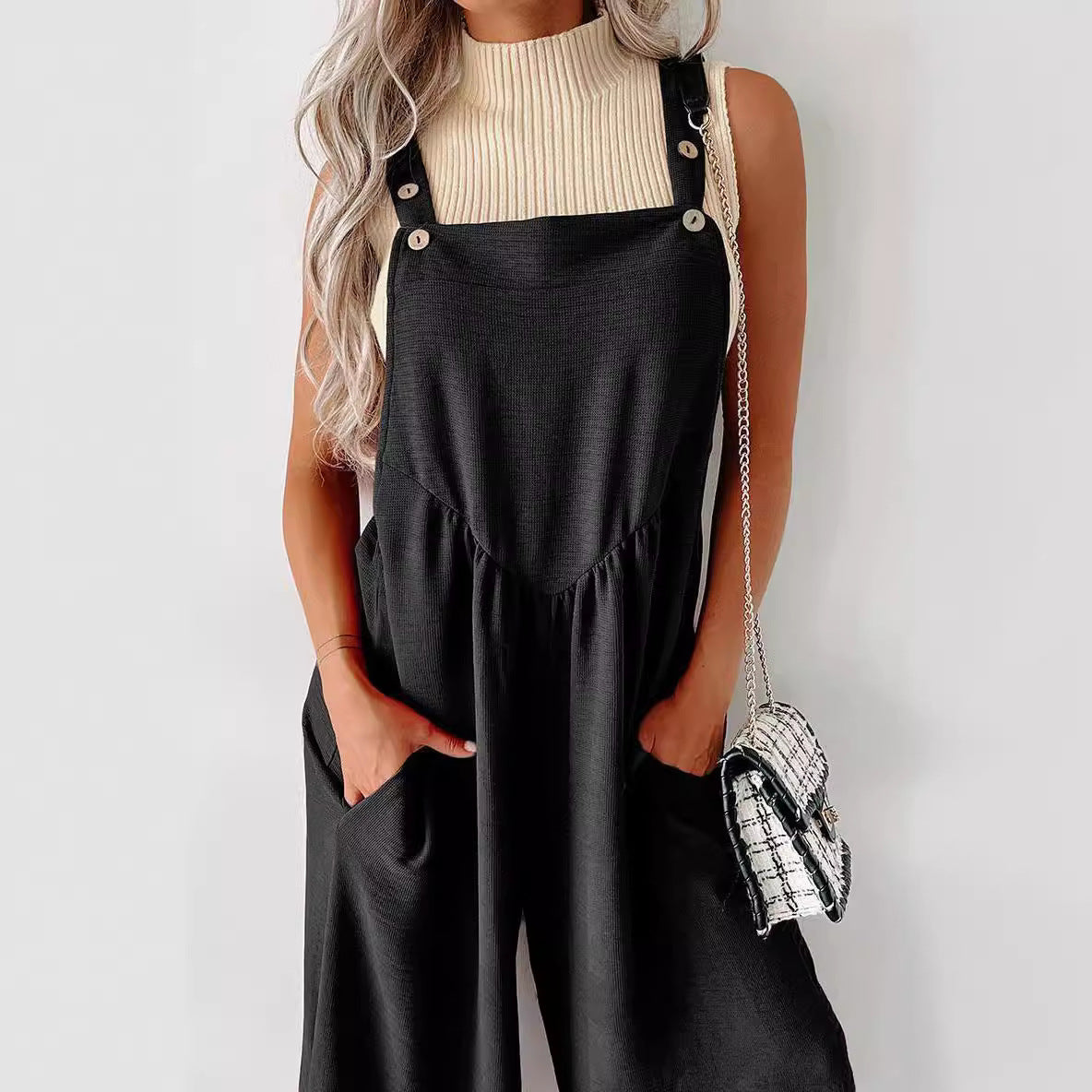 Women's Casual Wide-Leg Jumpsuit with Decorative Button Details