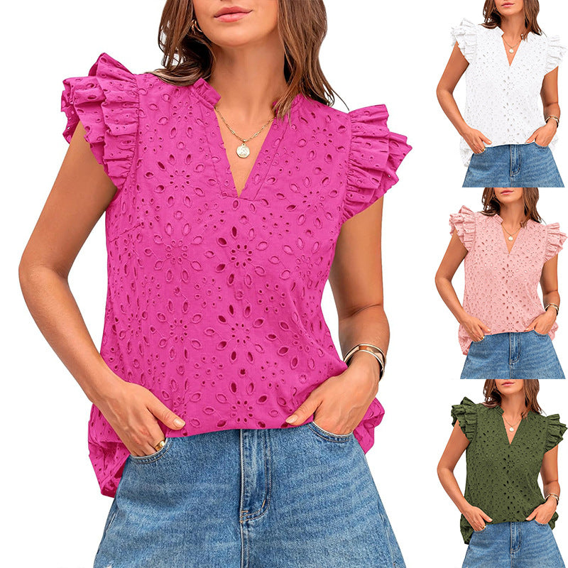 Women's Blouse with Ruffled Sleeves and Floral Eyelet Pattern