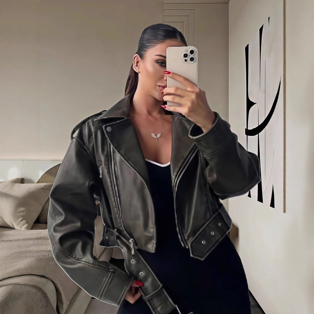 Women's Cropped Faux Leather Jacket with Asymmetrical Zipper