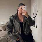Women's Cropped Faux Leather Jacket with Asymmetrical Zipper