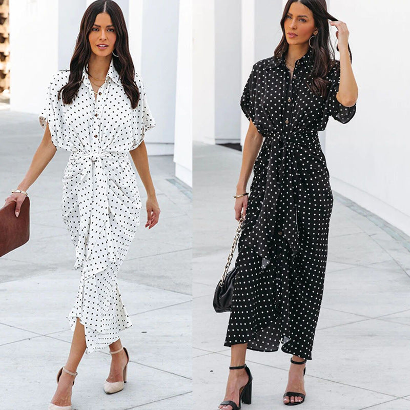 Women's Polka Dot Blouse with Tie Belt