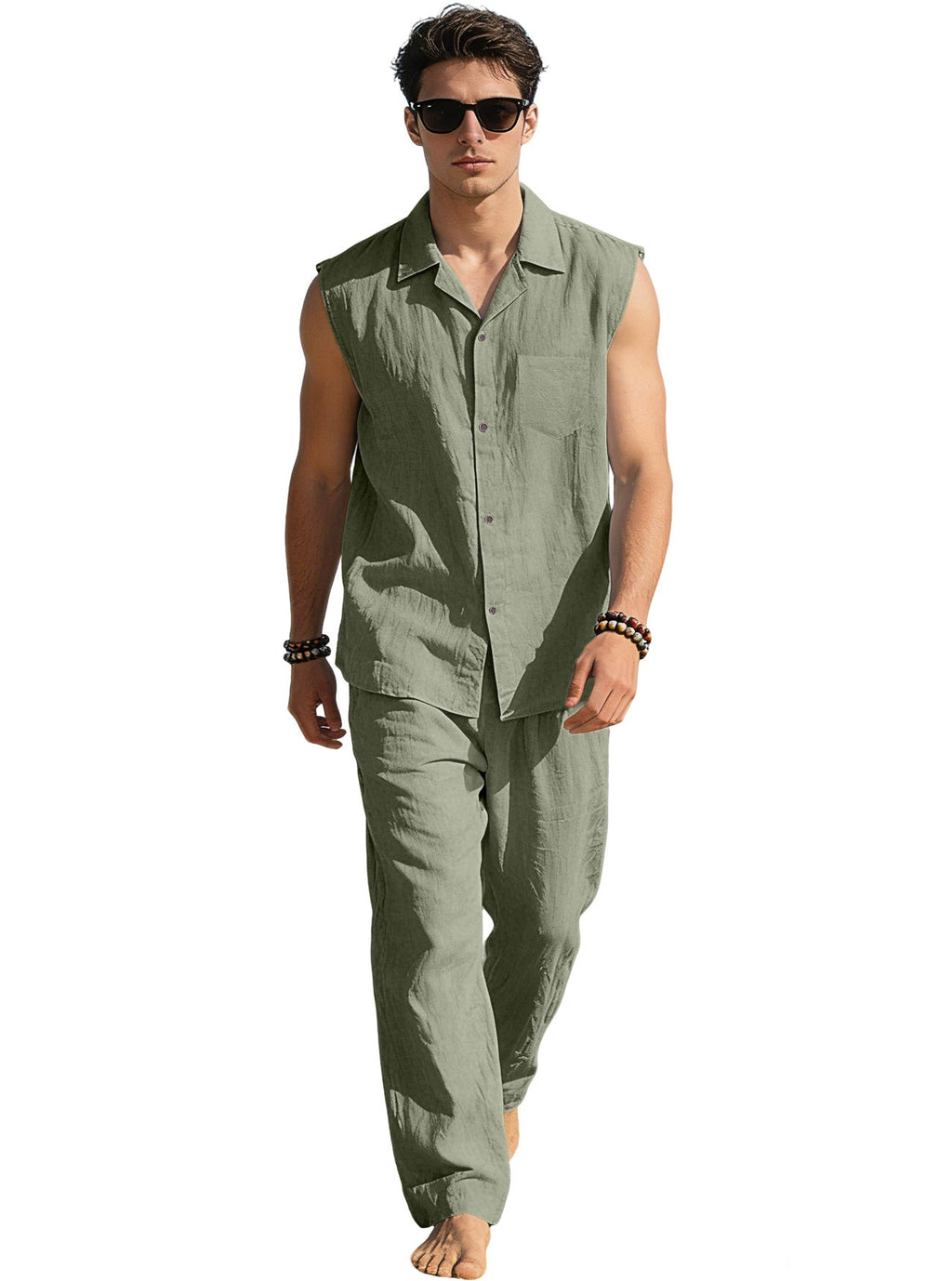 Men's sleeveless linen leisure set with lapel collar, chest pocket, and straight pants