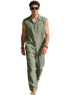 Men's sleeveless linen leisure set with lapel collar, chest pocket, and straight pants
