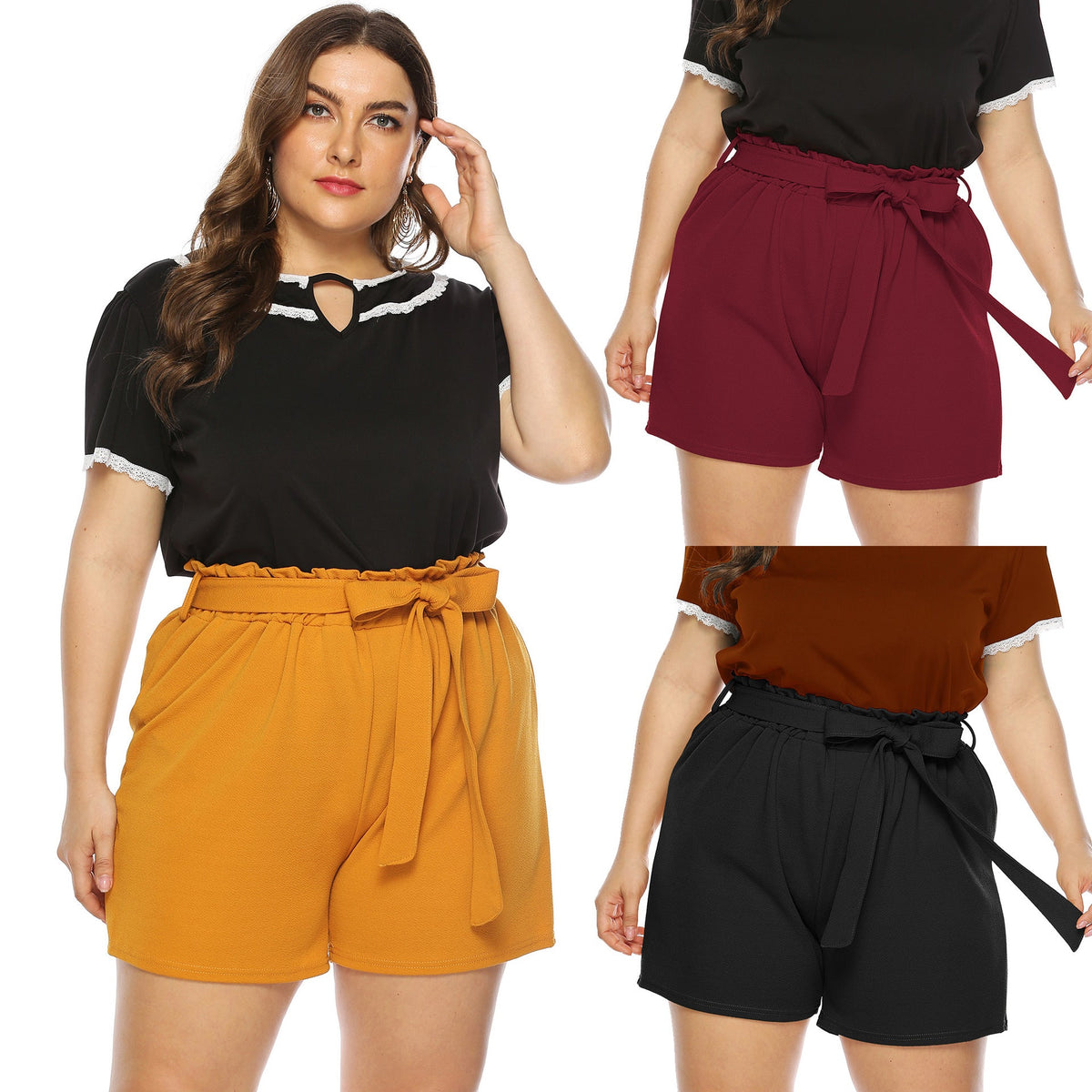 Women's Fashionable Top with Ruffle Sleeves and Elegant Shorts