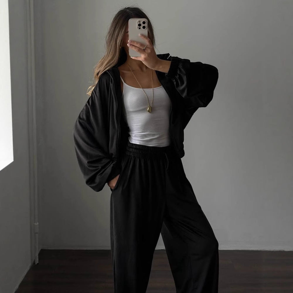 Women's Casual Lounge Two-Piece Set with Oversized Zip Jacket and Wide Leg Pants