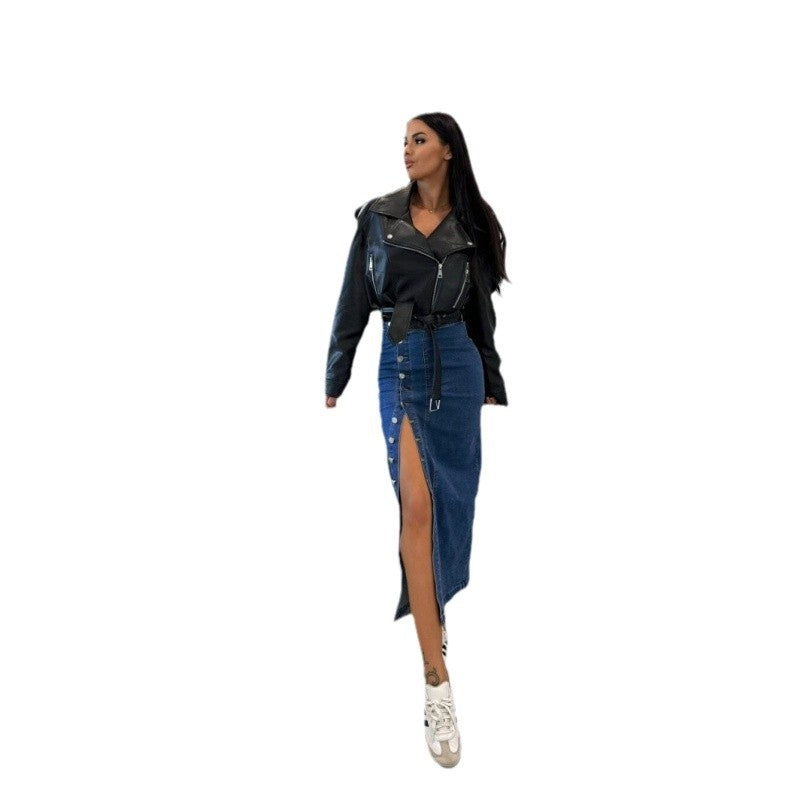 Denim Midi Skirt with Side Slit and Button Details