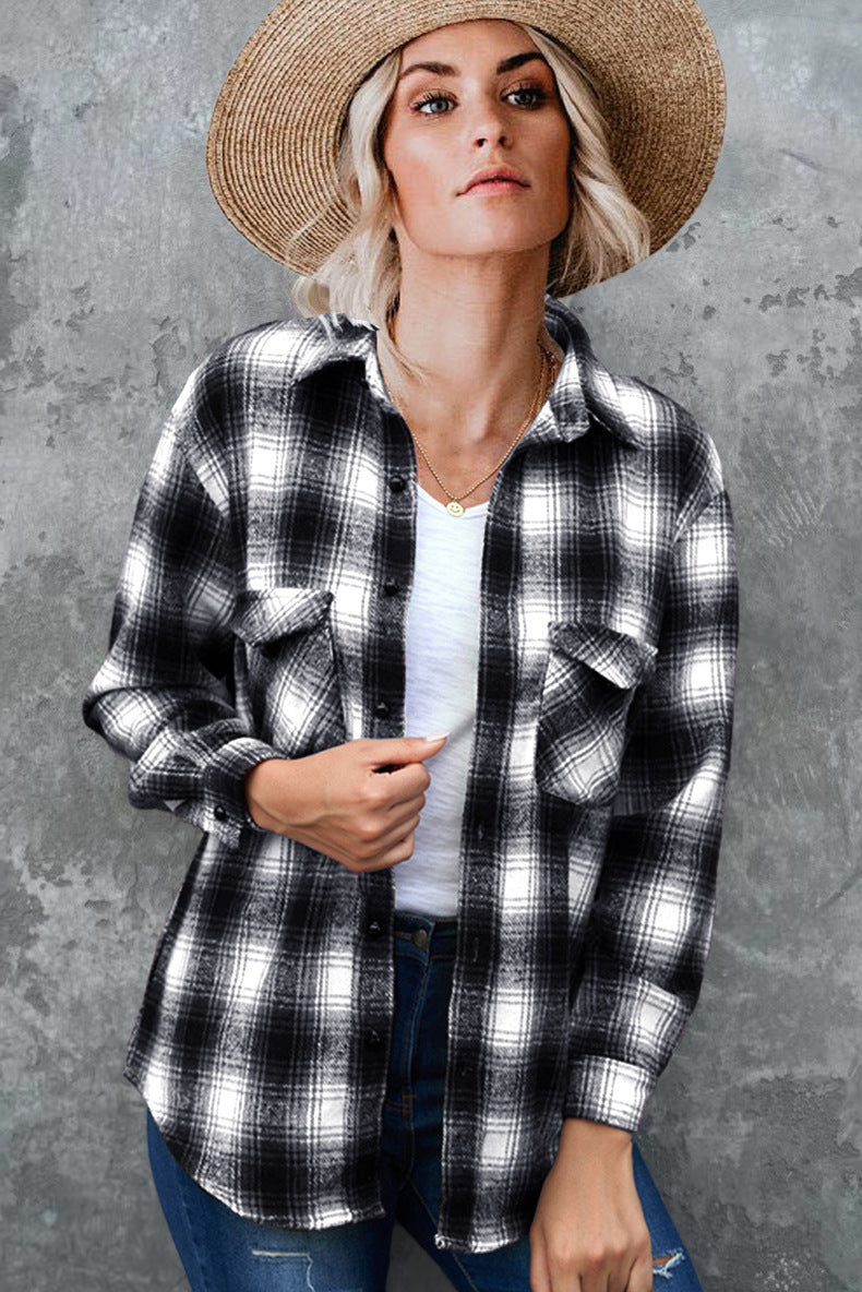 Women's Plaid Cotton Flannel Shirt with Chest Pockets