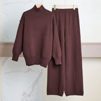 Women's Cozy Knit Ensemble with High Collar and Wide-Leg Pants