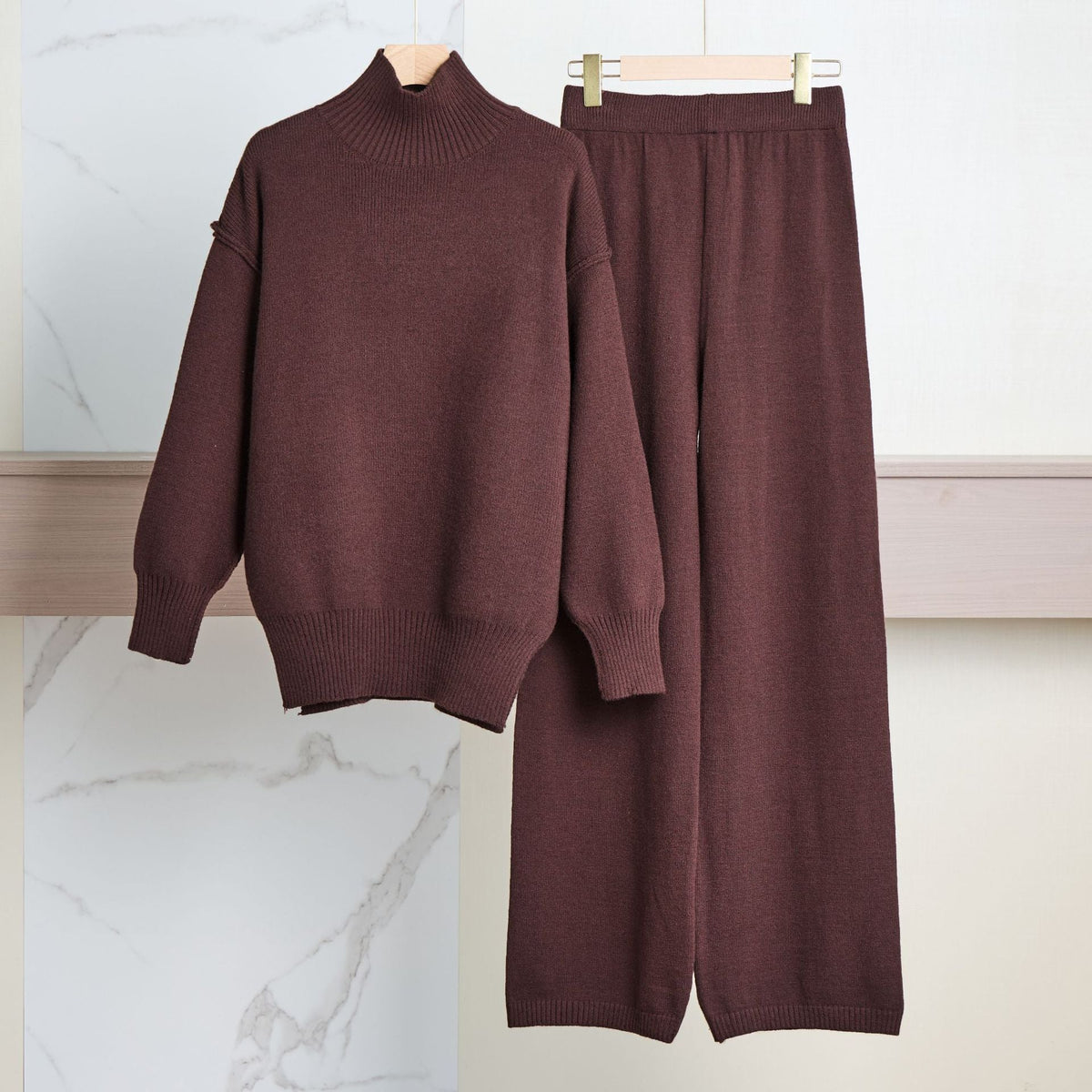 Women's Cozy Knit Ensemble with High Collar and Wide-Leg Pants