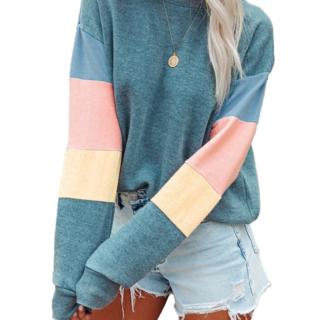 Women's Casual Pullover with Colorful Sleeve Design