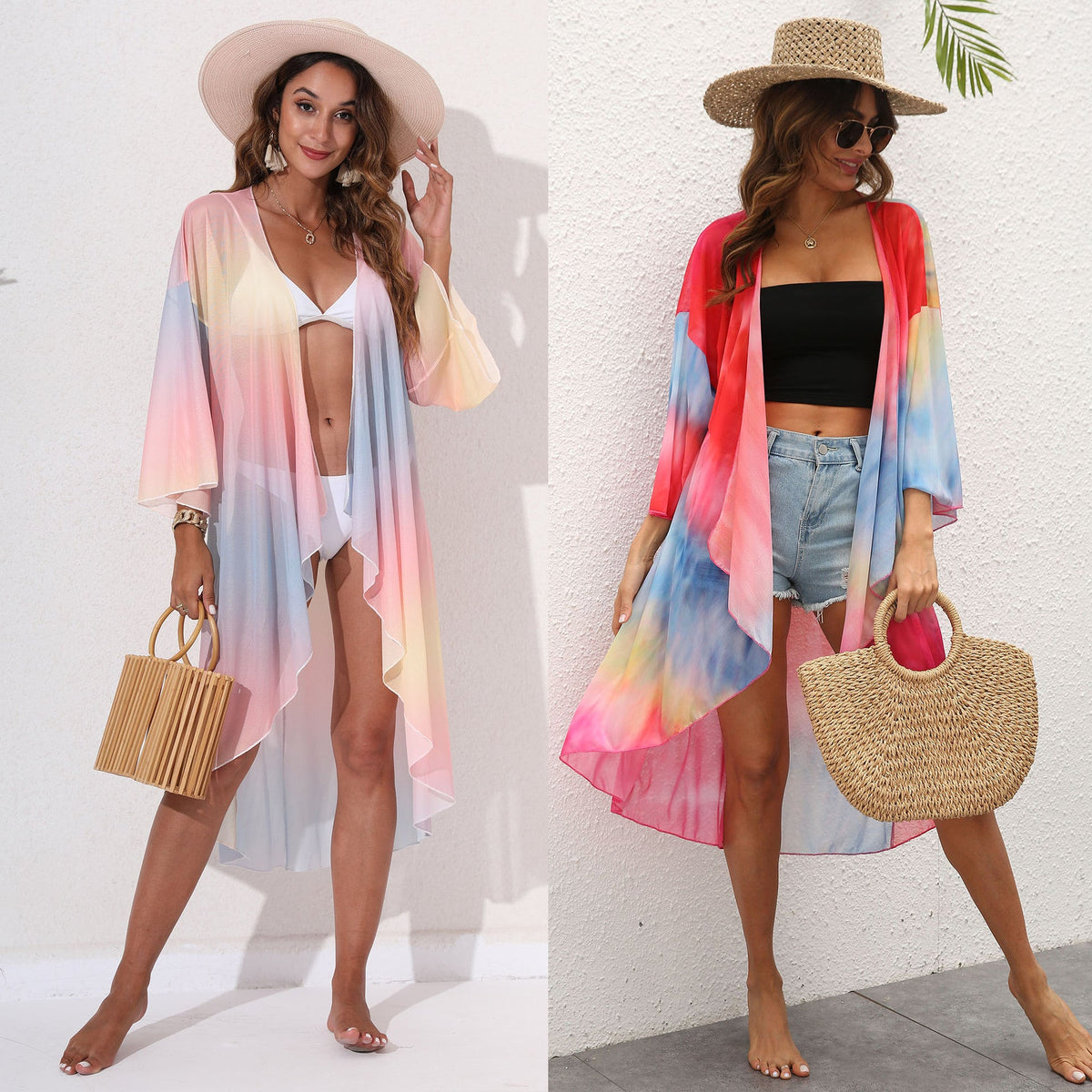 Women's Elegant Beach Kimono with Colorful Tie-Dye Design