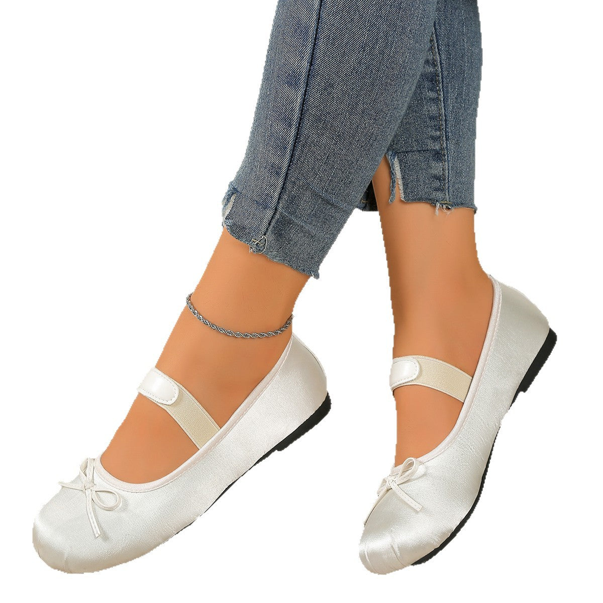 Women's Ballet Flats with Elastic Strap and Decorative Bow Detail