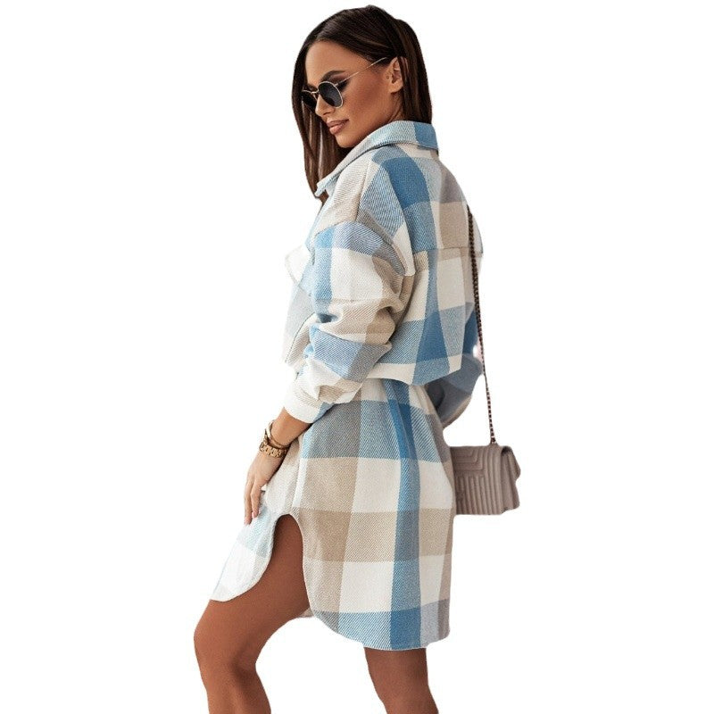 Women's Plaid Button-Front Coat with Rounded Hem
