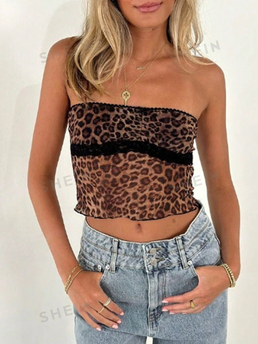 Women's Bandeau Top with Leopard Print and Lace Trim