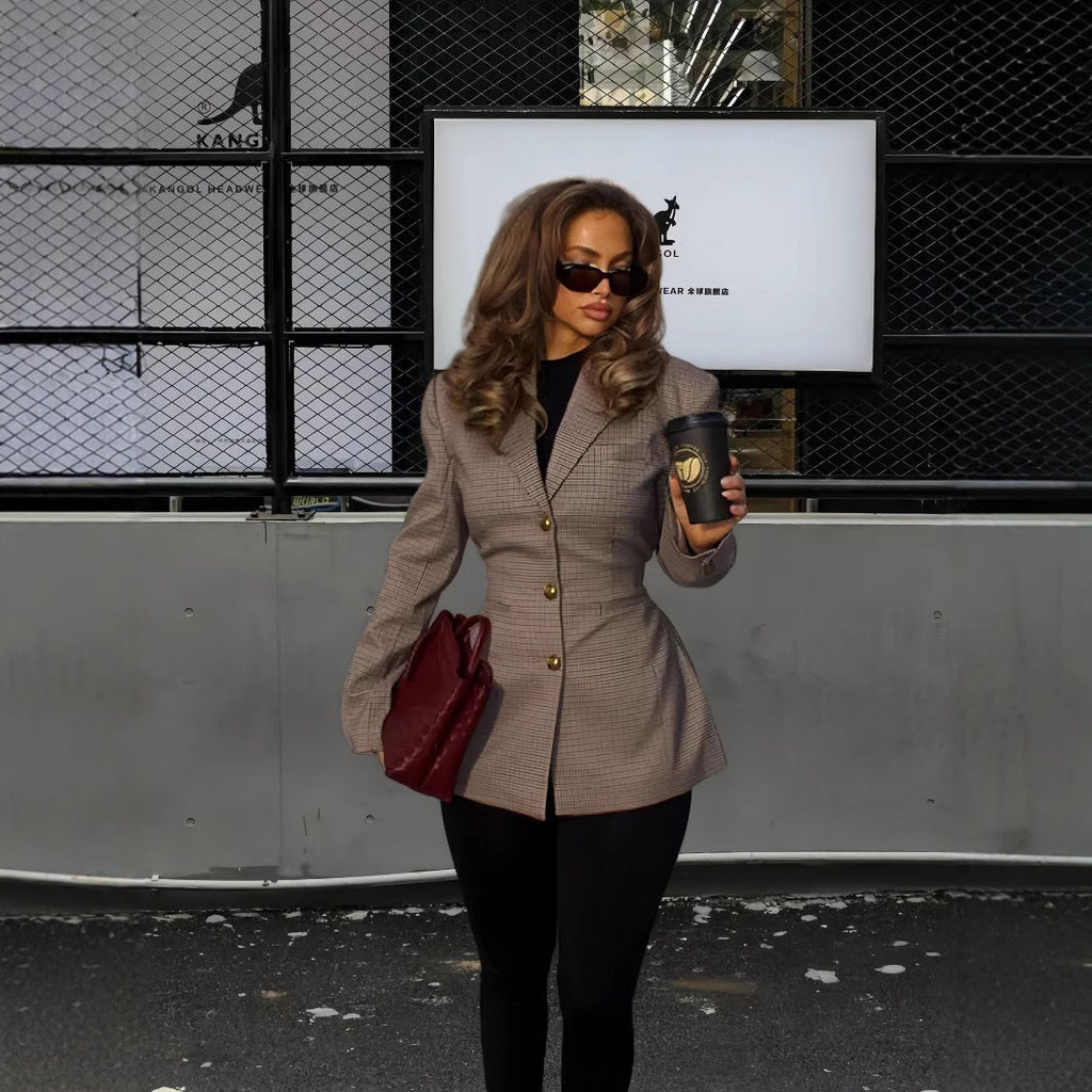 Elegant Plaid Jacket with Structured Cut and Gold Buttons