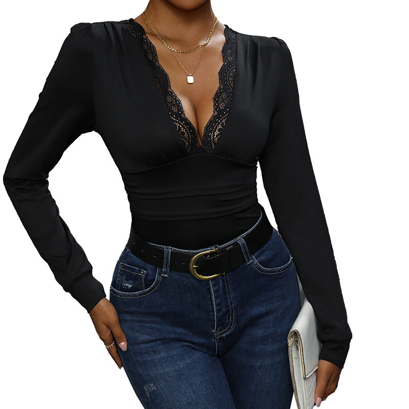 Women's Bodysuit with Elegant Lace Trim and Flattering Cut