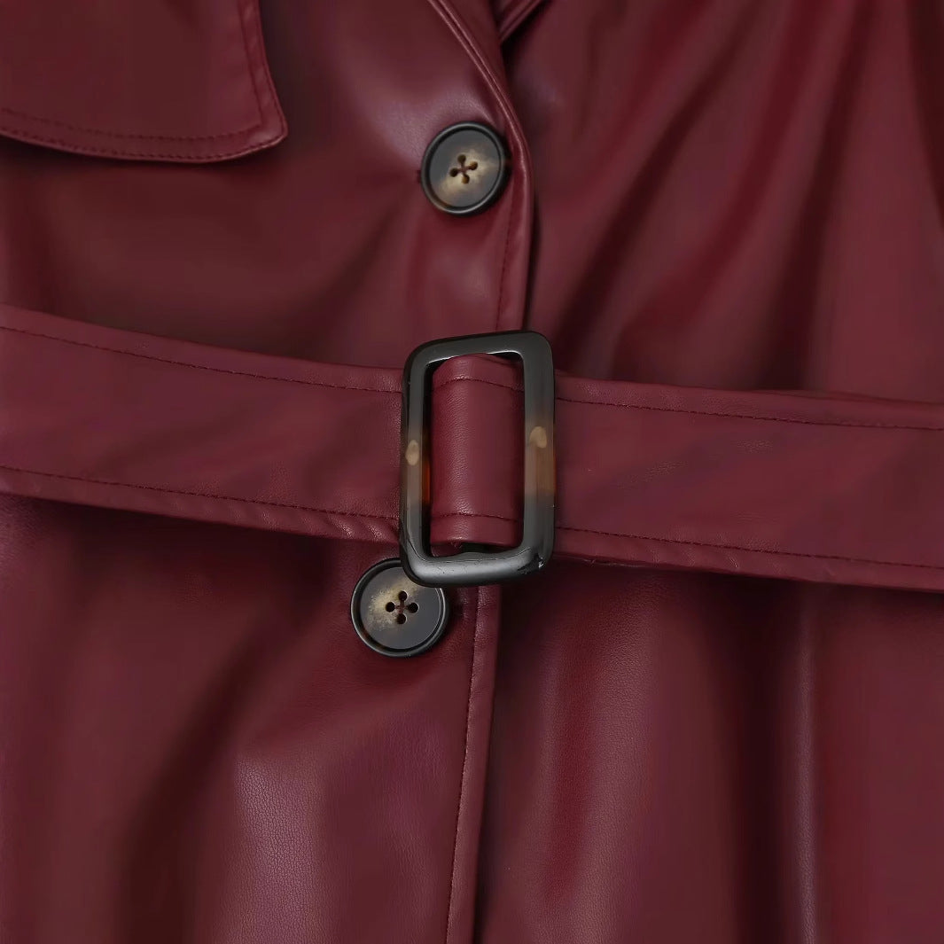 Women's Elegant Faux Leather Trench Coat with Belt
