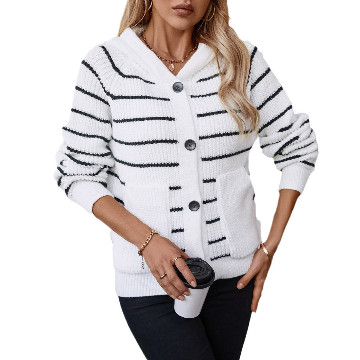 Women's Striped Cardigan with Hood and Pockets